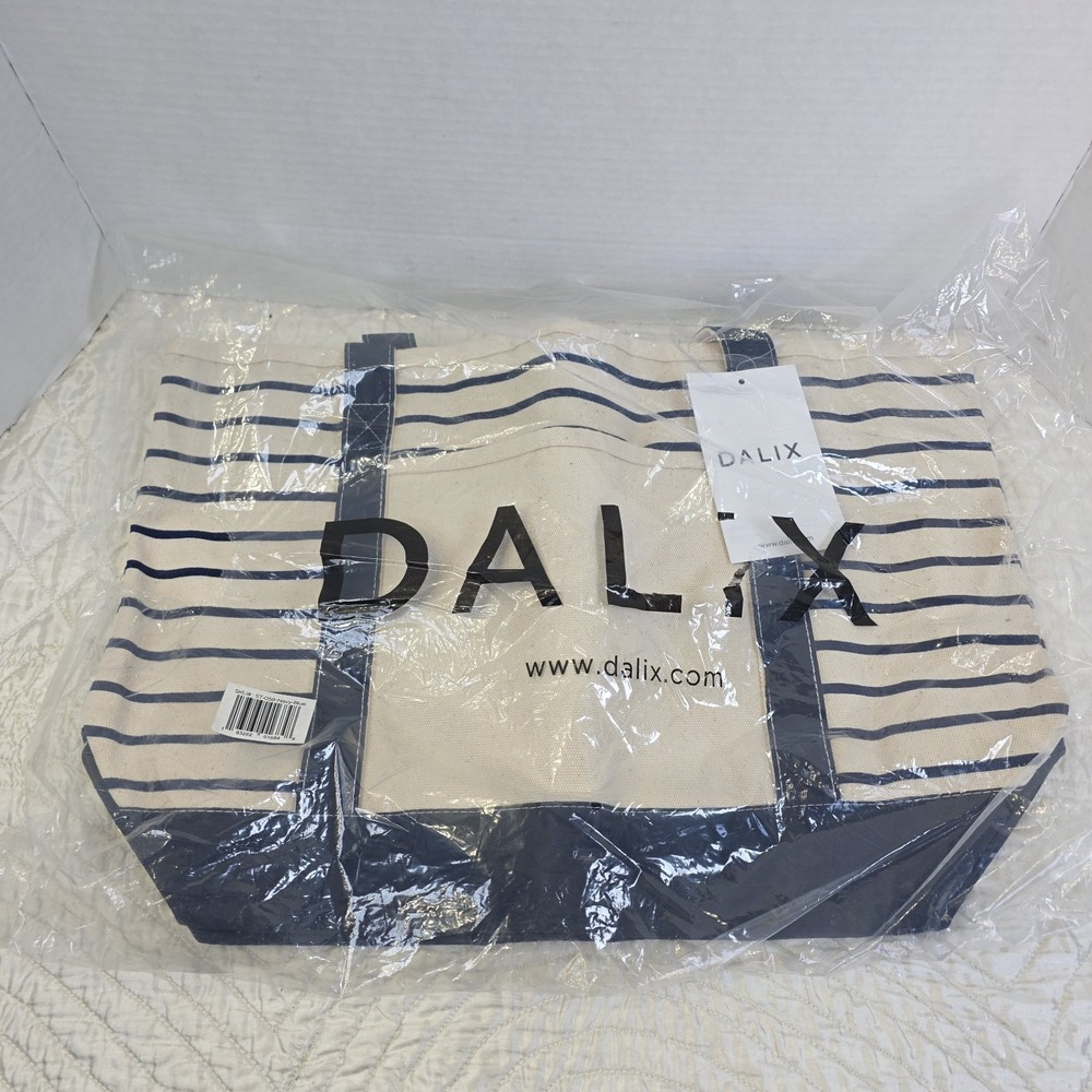 DALIX Navy Striped Tote Deluxe Shoulder Bag‎ Cotton Canvas Coastal Beach Summer